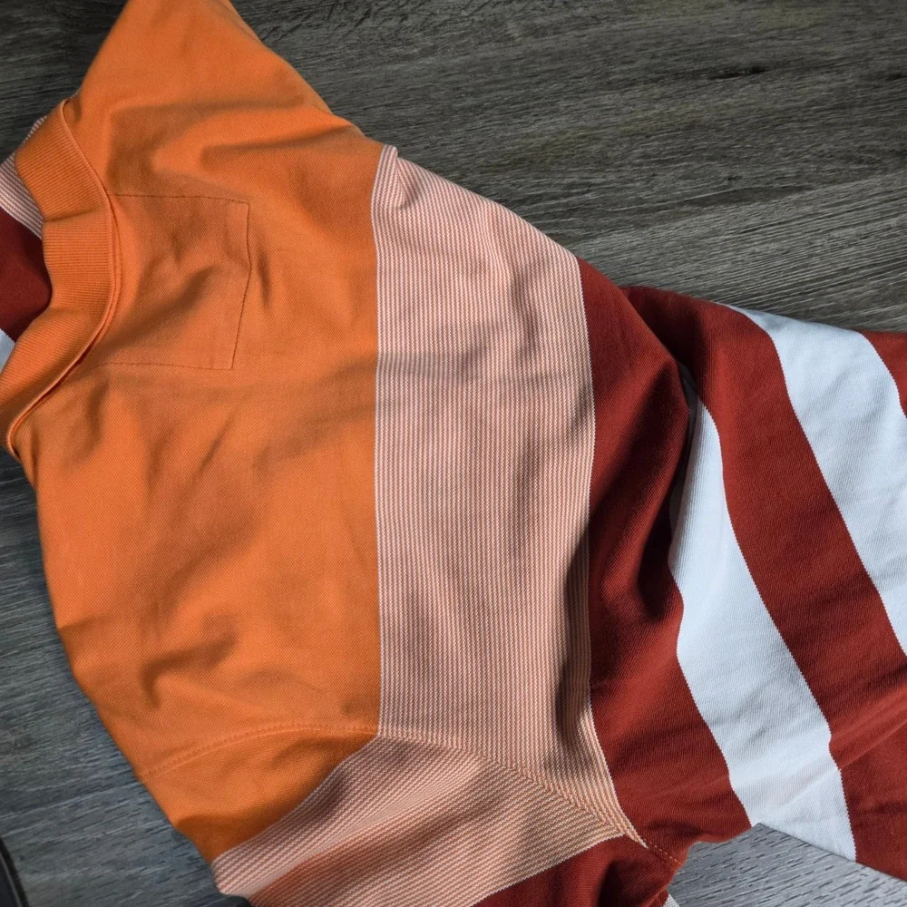 Banana Republic Mens XL Orange Red White Striped Pique Polo Shirt Stretch Cotton